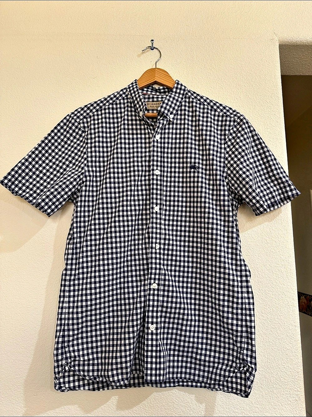 Burberry Men's Checkered Short Sleeve Shirt in Blue & White Like New